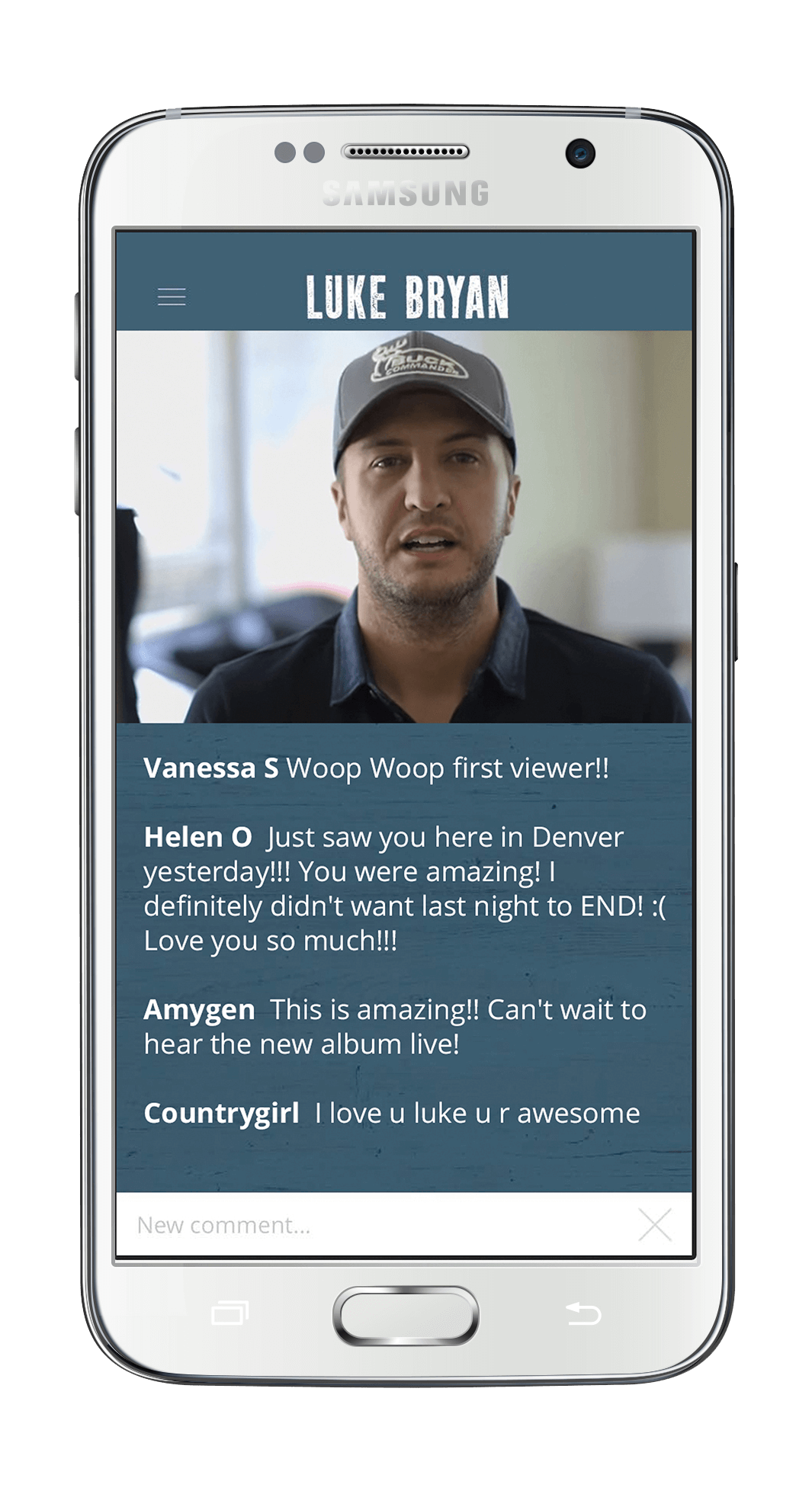 image of an iPhone showing a large thubnail picture of Luke Bryan with some text below in white on a blue background